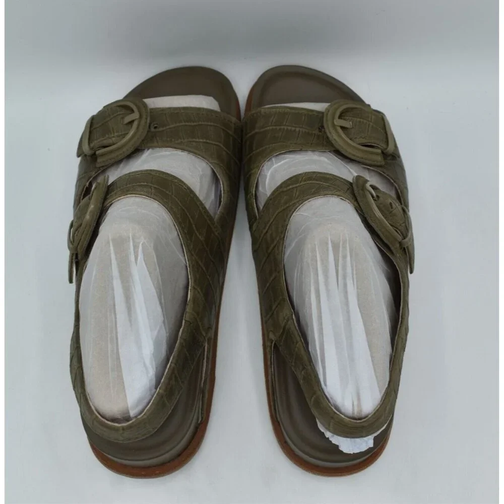 Sofft Womens Size 9.5 Adalia‎ Olive Buckle Croc Embossed Suede Leather Sandals